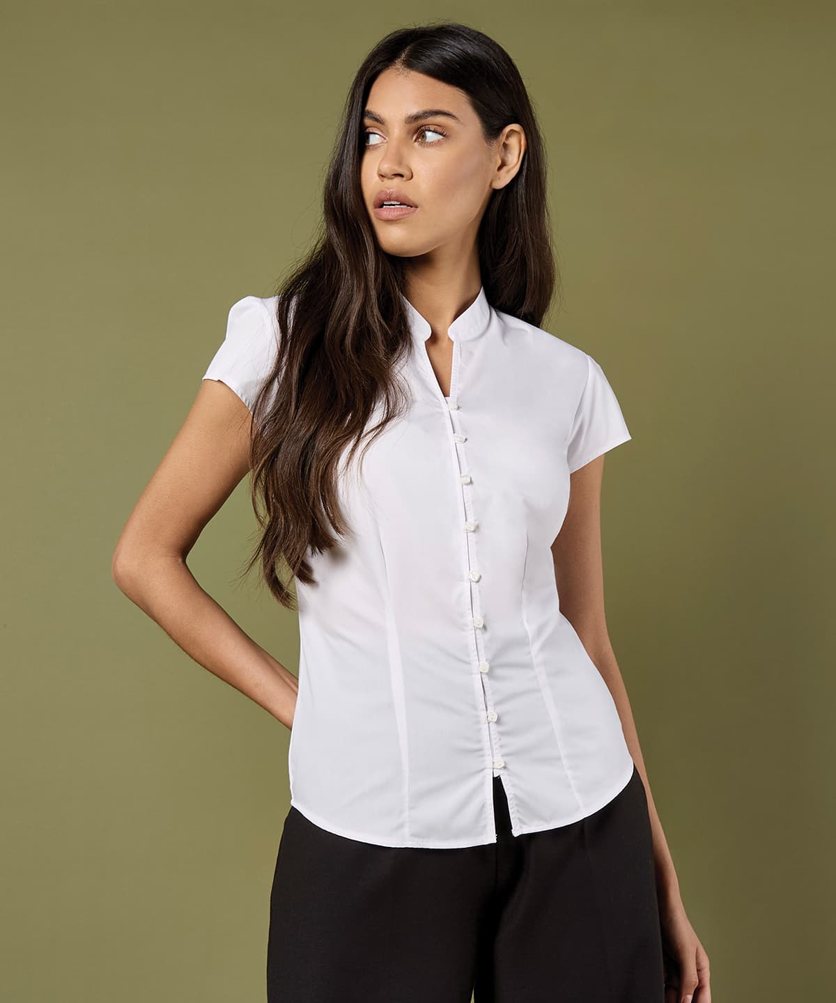 Women's continental blouse mandarin collar cap sleeve (tailored fit) product image